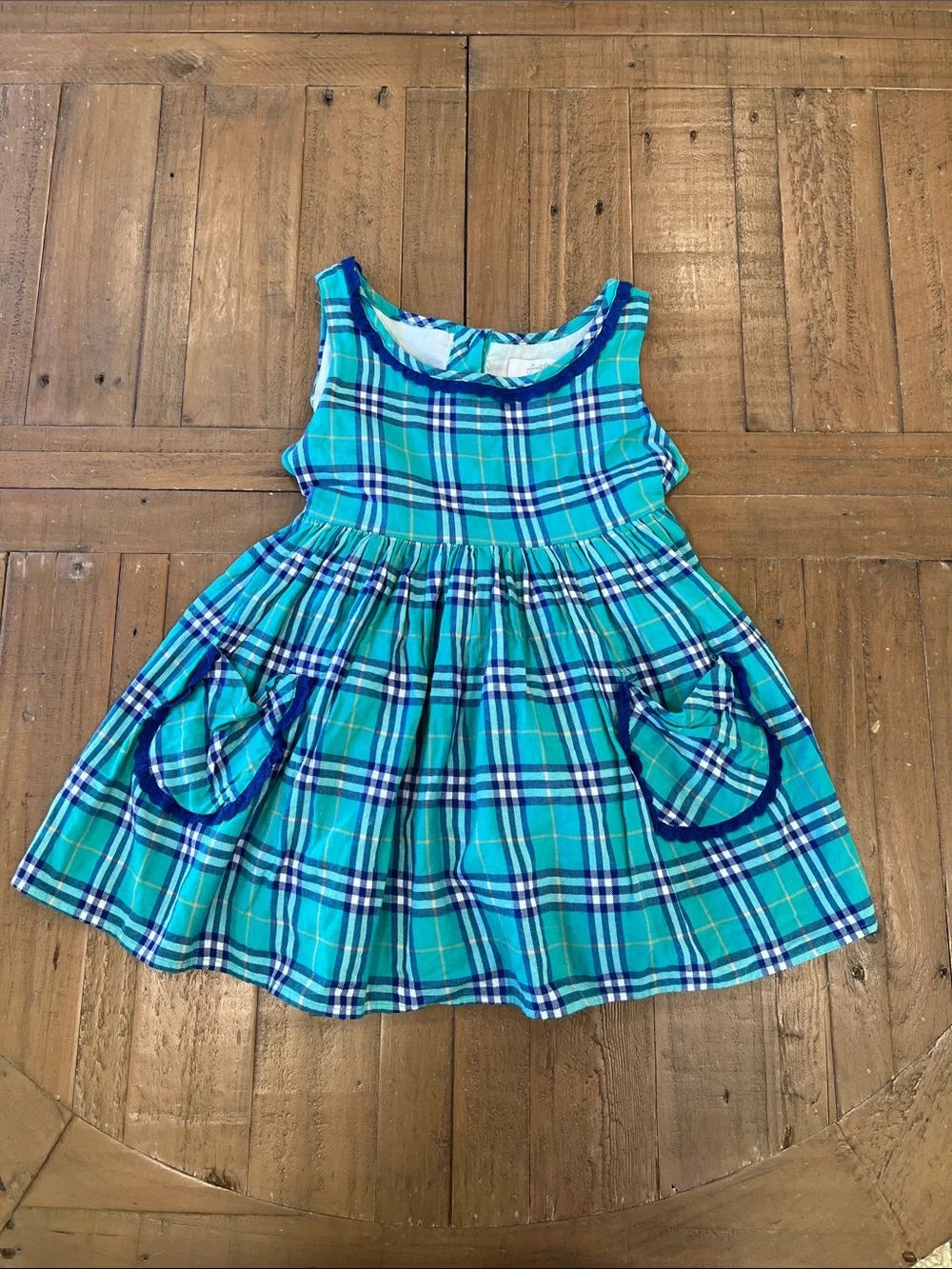 SweetHoney Aqua and navy plaid sleeveless tunic girls 8